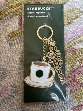 Starbucks NWT Enamel Keychain coffee cup coffee person in script sealed